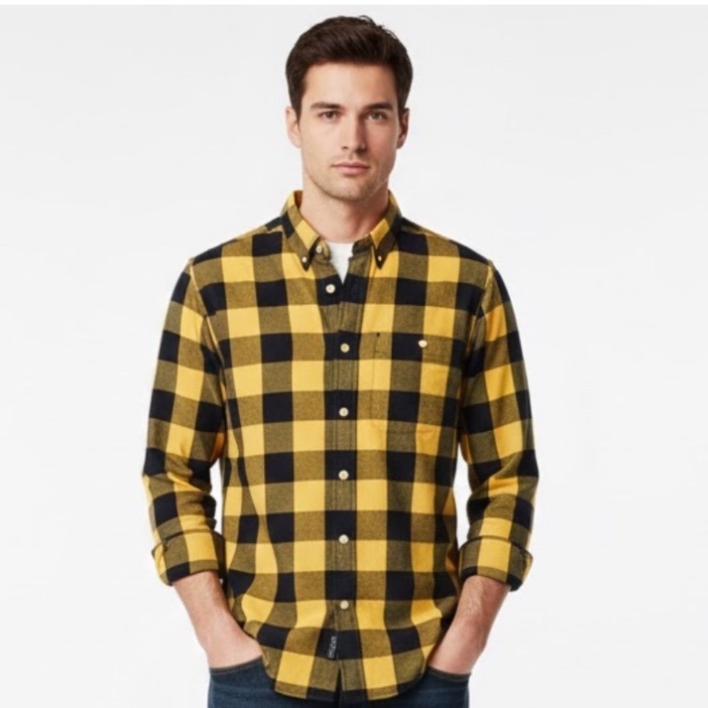 Abercrombie Fitch Mens Slim‎ Fit Yellow Black Buffalo Plaid Long Sleeve Shirt L